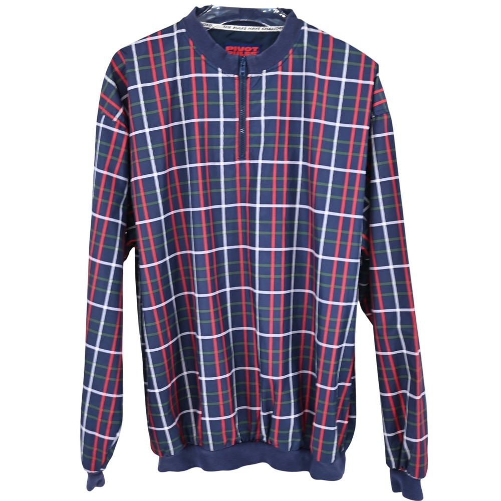 Pivot Rules Mens Large Vintage Plaid 1/4 Zip Windbreaker Pullover Navy Blue Red